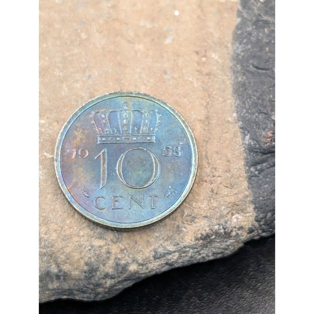 1958 Netherlands 10 Cent • Juliana • Crowned 10c • Toned Dutch Coin
